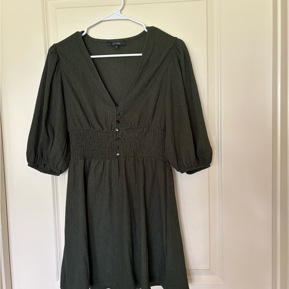 Dark Green V-Neck Dress with Puff Sleeves